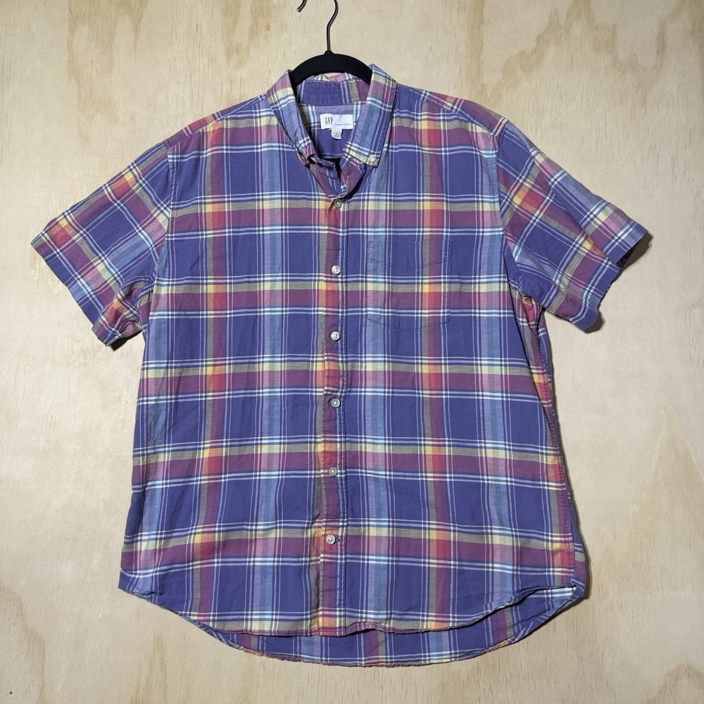 GAP Standard Fit Stretch Plaid Button‎ Up Shirt Men's L Purple Short Sleeve